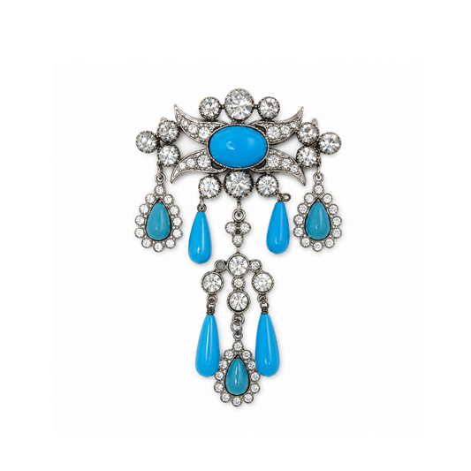 Spilla vintage hand made con pendenti turchesi e cristalli
