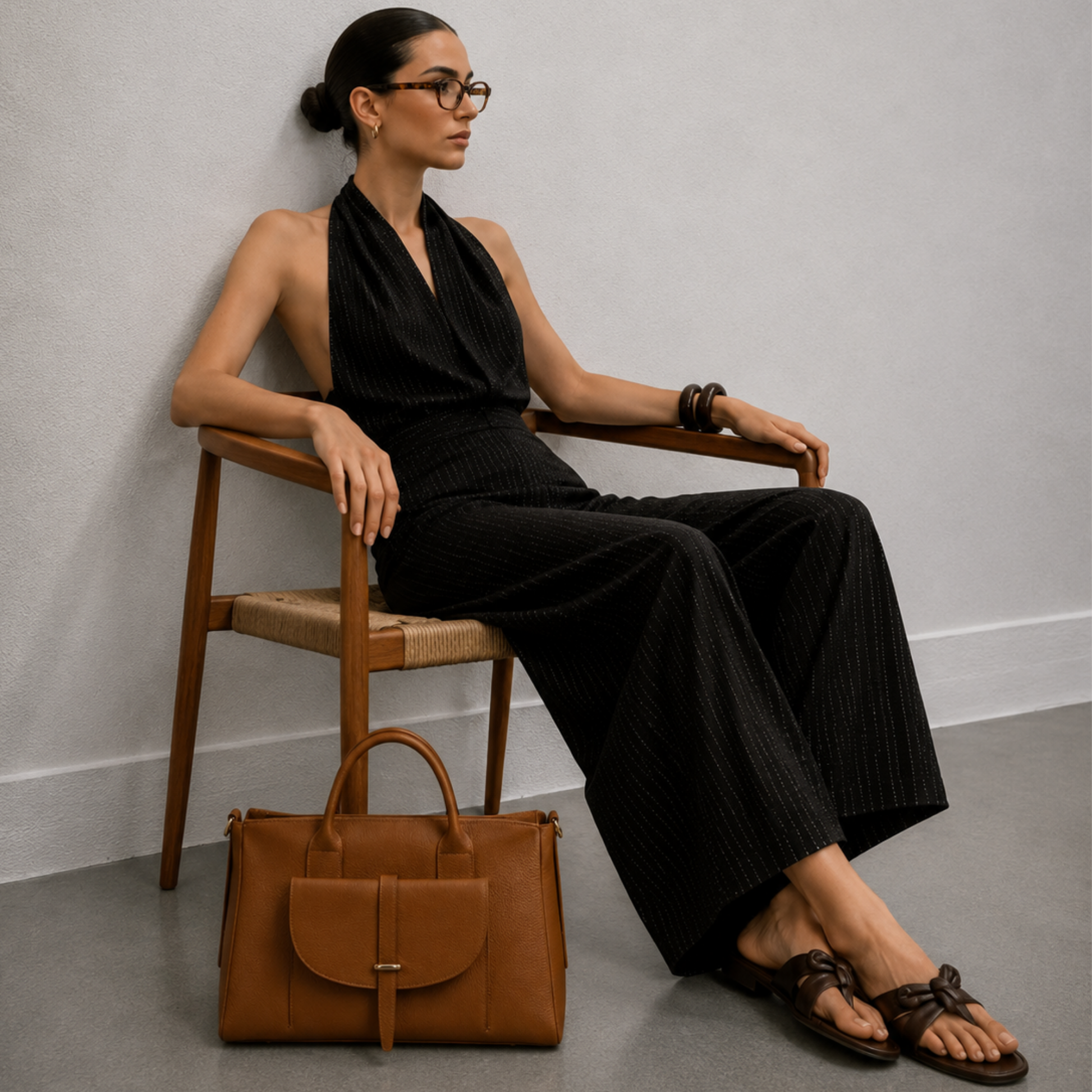 borsa in vera pelle made in italy indossato dalla modella - marrone cognac