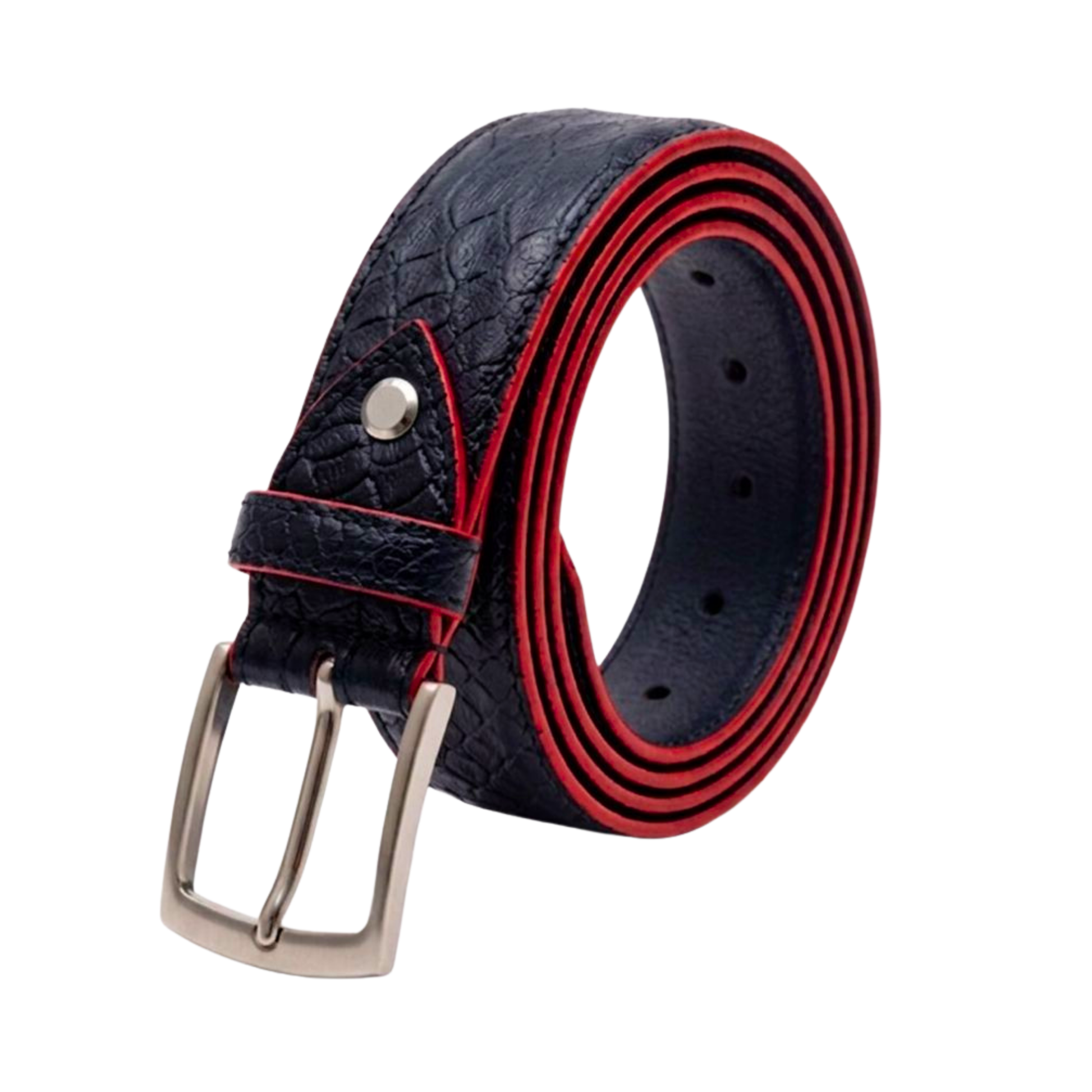 Cintura in vera pelle Made in Italy color nero bordo rosso scaglie ampie